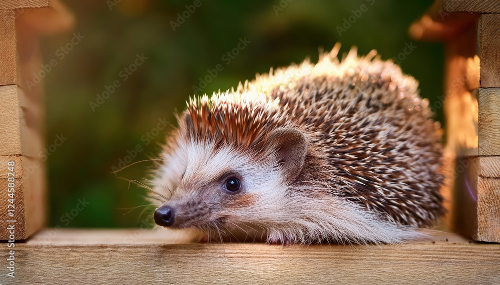 Fototapeta premium Wild Hedgehog Roaming Free in Vibrant Wildlife Garden Hide, Photographed for Monitoring Health and Population on at