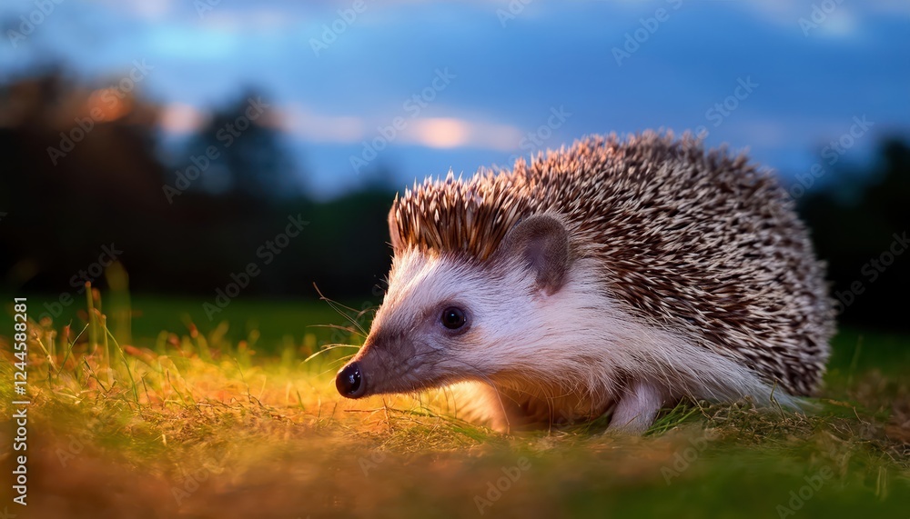 Fototapeta premium Wild Hedgehog Roaming Free in a Tranquil Dusk Wildlife Garden Hide Captured Moment Reveals Serene Mood and Natural Beauty