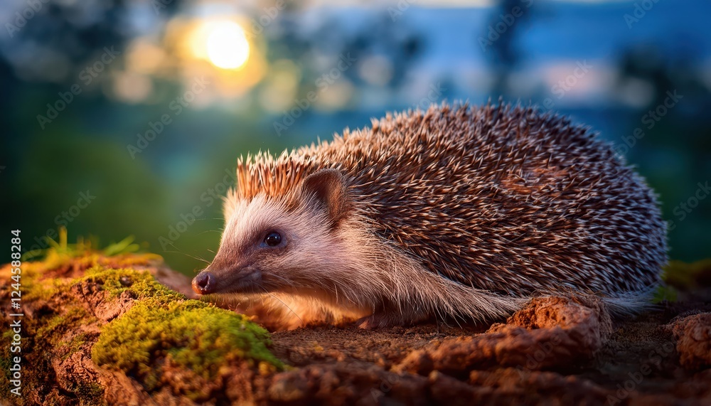 Fototapeta premium Enchanting Dusk Encounter with a FreeRoaming Wild Hedgehog in a Vibrant Wildlife Garden Hideout, th January