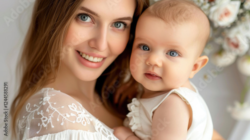 A joyful mom embraces her little one, showcasing the love and warmth of family life and the joys of parenting. photo