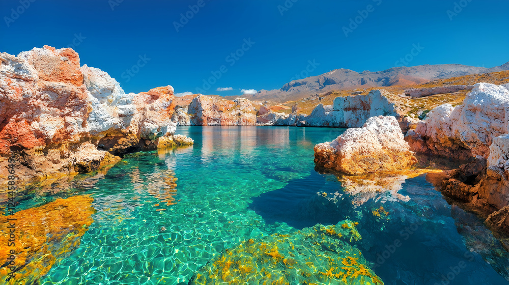 Obraz premium Calm turquoise cove, rocky shores, mountains. Ideal for travel brochures