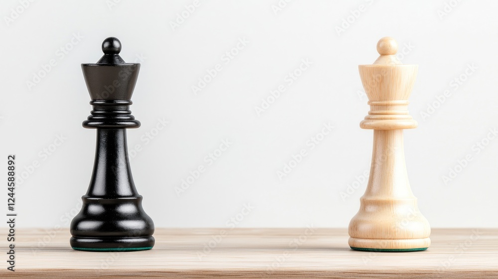 Chess queens face off on wooden table. Strategy game concept Chess queens face off on wooden table. Strategy game concept