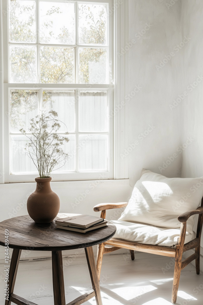white interior design with ranch style, wood decoration, with armchair and window with natural sunlight