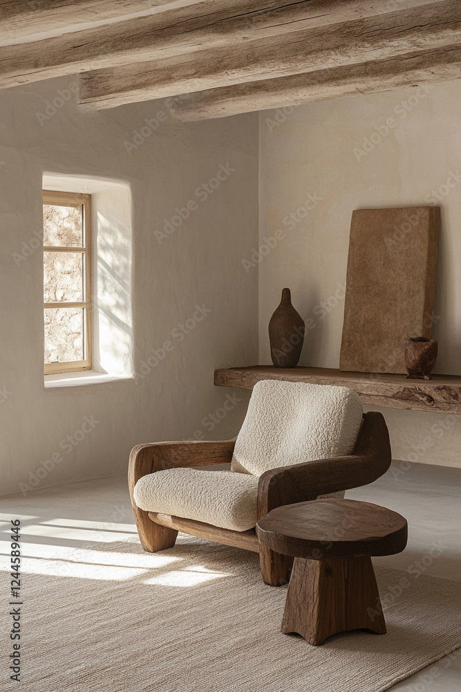 white interior design with ranch style, wood decoration, with armchair and window with natural sunlight