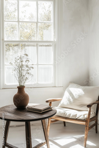 Obraz na płótnie white interior design with ranch style, wood decoration, with armchair and window with natural sunlight w salonie