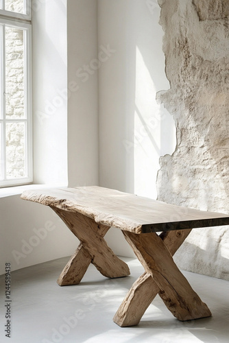 white interior design with ranch style, natural decoration, with wooden table and window with natural sunlight