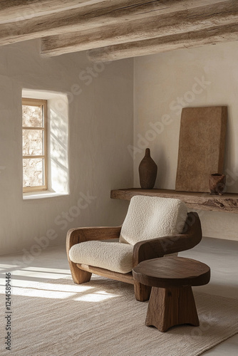 Obraz na płótnie white interior design with ranch style, wood decoration, with armchair and window with natural sunlight w salonie