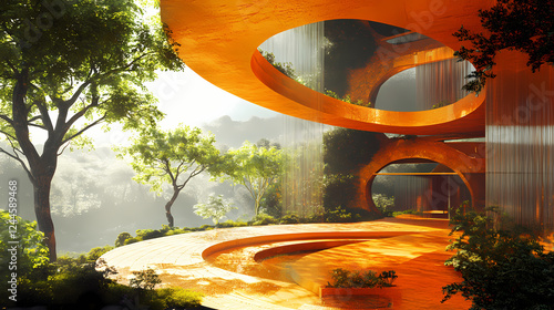 Fototapeta Naklejka Na Ścianę i Meble -  A visually striking 3d render showcasing an inverted structure integrated harmoniously into a futuristic and vibrant backdrop. Inverted Reality. Illustration