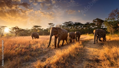 Striking Herd of Elephants Roaming a Dry Grass Field at Sunset in the Jungle An African Safari Scene Full of Life and Vibrancy