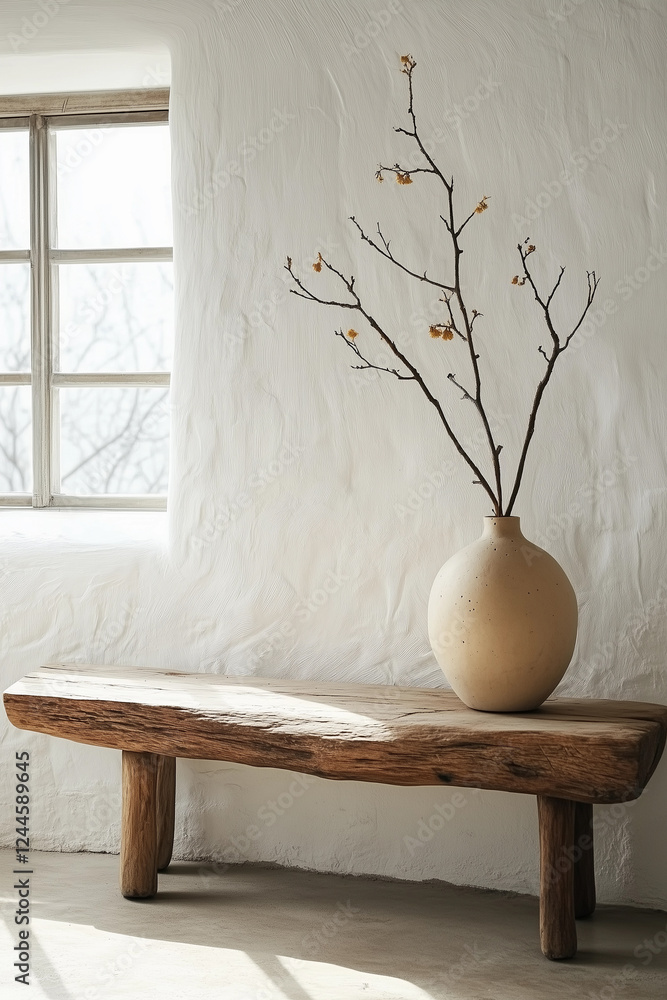 white interior design with ranch style, natural decoration, with wooden table and window with natural sunlight