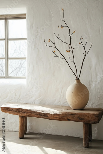 white interior design with ranch style, natural decoration, with wooden table and window with natural sunlight