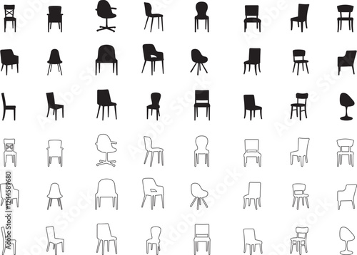 Silhouette set of Chair Icon vector art illustration, chair line art, clean shape, silhouette chair shape with white background