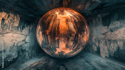 Beyond imagination concept. a cyberpunk metropolis reflected upside-down in a hovering mirror-like sphere, dual realities. Inverted Reality. Illustration