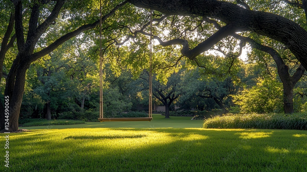 Naklejka premium Tranquil garden swing at sunrise, sunlit lawn, peaceful trees. Use Relaxation, nature