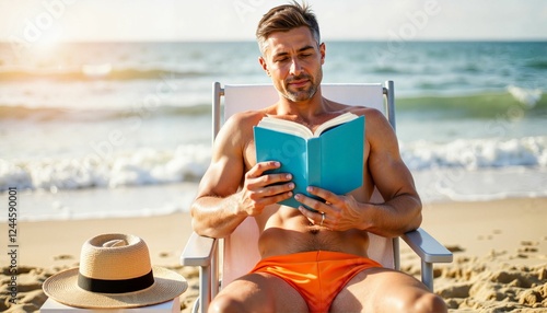 Laid-back man reading book on beach during sunset, serene vacation