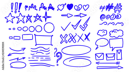 collection of hand-drawn blue doodles featuring stars, arrows, checkmarks, speech bubbles, and abstract shapes. Perfect for creative designs
