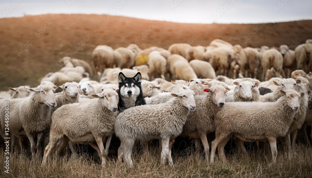 Stealthy Wolf Blending Among Sheep A Hidden Predator in the Heartland of Natures Camouflage, Captured on Januaryst at. A Moment Frozen in Time. Stealthy Wolf Blending Among Sheep A Hidden Predator in the Heartland of Natures Camouflage, Captured on Januaryst at. A Moment Frozen in Time.