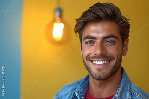 A young man with a charming smile stands in a brightly colored room. He has stylish hair and is dressed casually in a denim jacket, conveying a sense of happiness and warmth in the atmosphere. photo