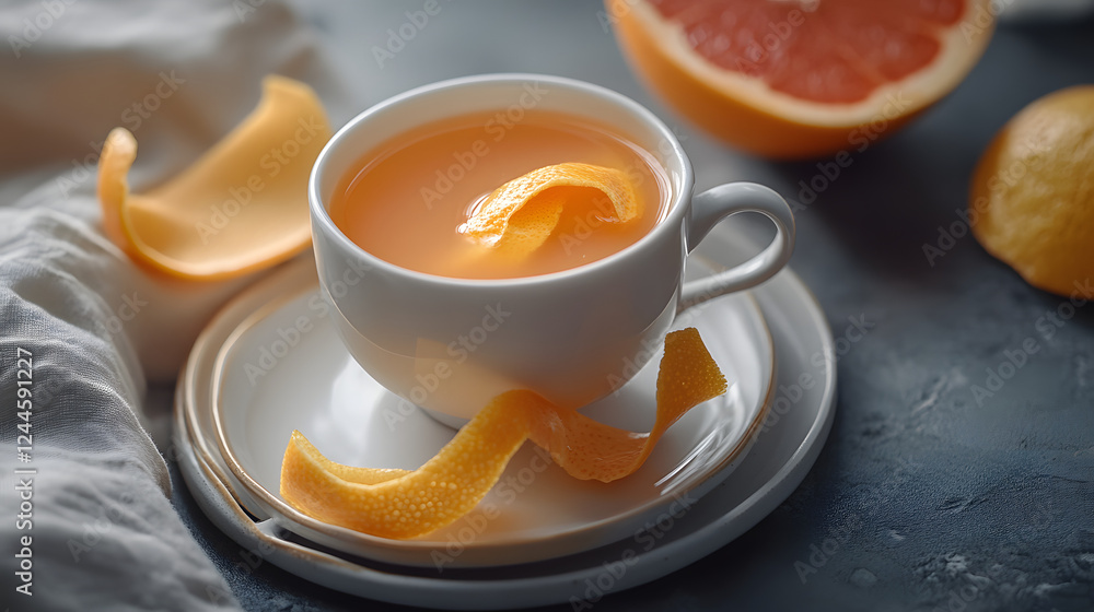 A cup of fresh squeezed grapefruit juice served with a twist of grapefruit peel. A cup of fresh squeezed grapefruit juice served with a twist of grapefruit peel.