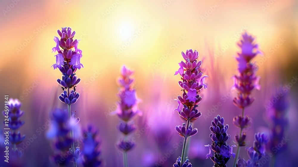 Fototapeta premium Explore a stunning lavender field, alive with vibrant purple blooms and delicate dew drops, creating a serene, picturesque scene.