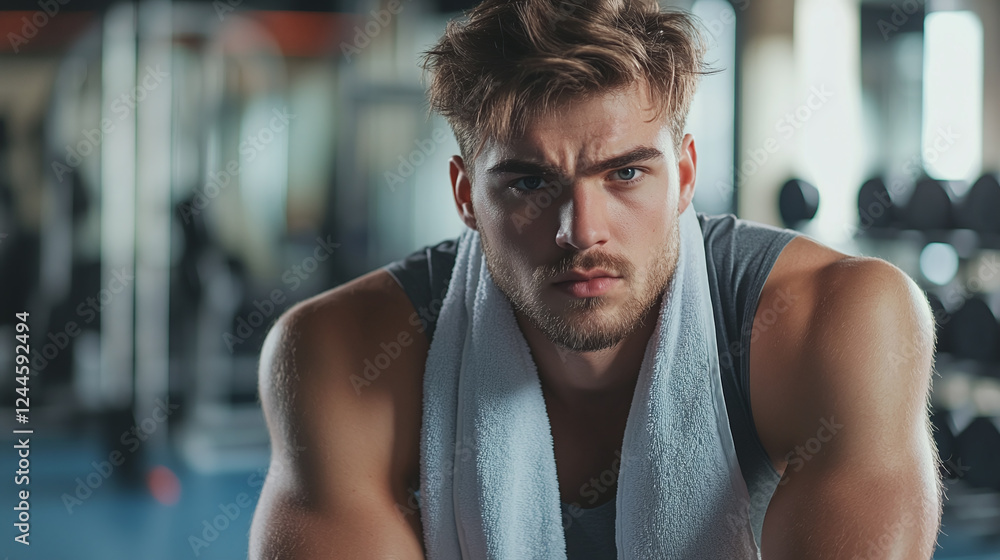 Portrait of a young, handsome man sitting in a modern gym room interior with a towel around his neck. determined and serious face expression, tired male athlete during workout or training indoors. Portrait of a young, handsome man sitting in a modern gym room interior with a towel around his neck. determined and serious face expression, tired male athlete during workout or training indoors.