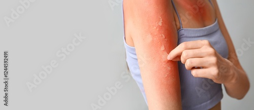 Foto Woman with red sunburned skin against grey background with space for text, close