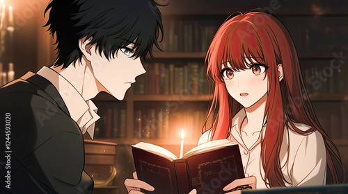 Couple reading a book together in a cozy library during a romantic anime themed date on valentines day photo