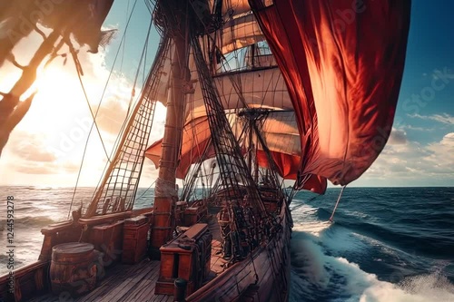 A close-up image showcases the pirate ship's sails, rudder, and wooden components