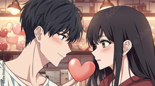 Couple kissing in a restaurant surrounded by valentines day decorations and sweets in an anime inspired candy shop atmosphere photo