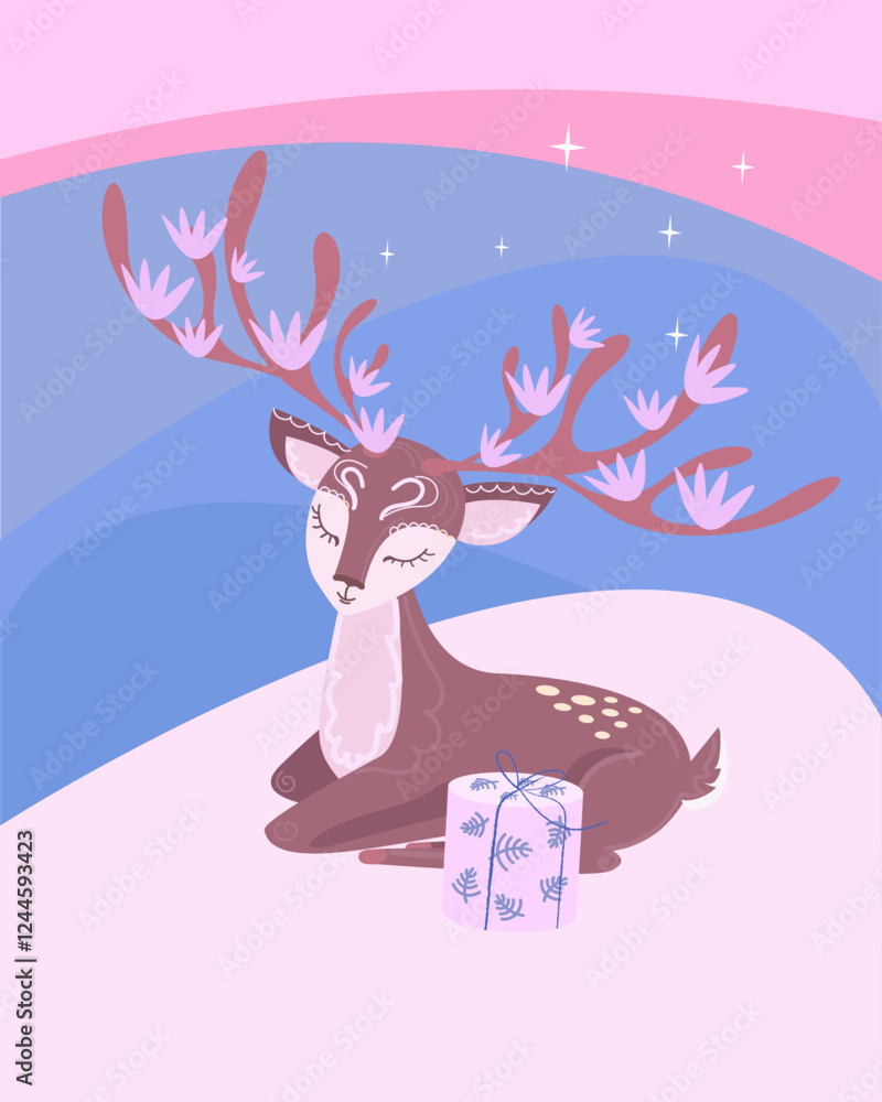 Obraz premium Deer with large antlers on which flowers bloom against the background of winter mountains and a starry sky. Design for a Christmas or New Year card, banner, poster, cover.