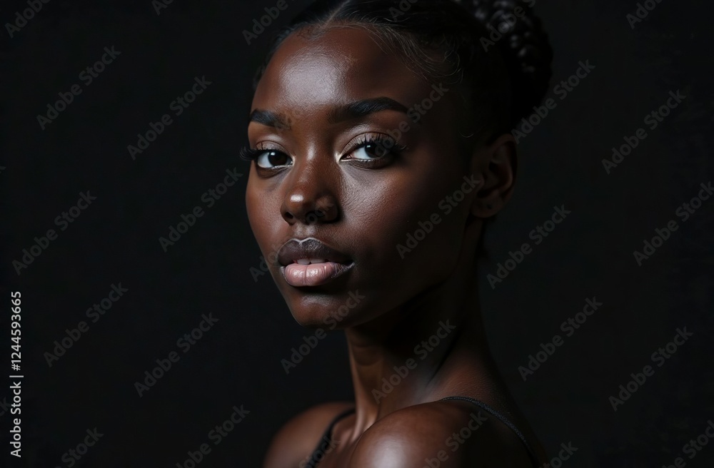 Sophisticated image of a black woman portrayed with elegance and charm. Dark black background. Close up face Sophisticated image of a black woman portrayed with elegance and charm. Dark black background. Close up face