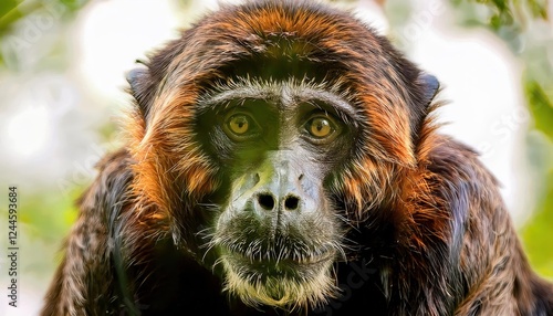 Vibrant Howler Monkey Encounter A Captivating Moment of Connection in Tropical Rainforest Wildlife, Featuring Bright Colors and Textures Amidst Lush Greenery photo