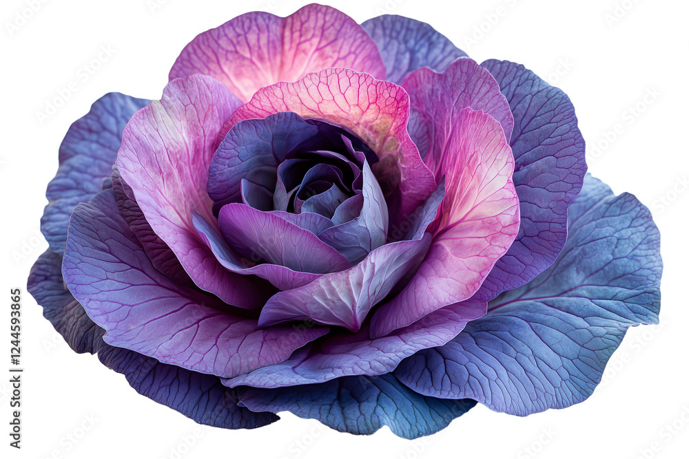Obraz premium PNG cut out isolated background. A stunning and highly detailed image of a blue and purple cabbage with intricate veining and a soft gradient of colors.