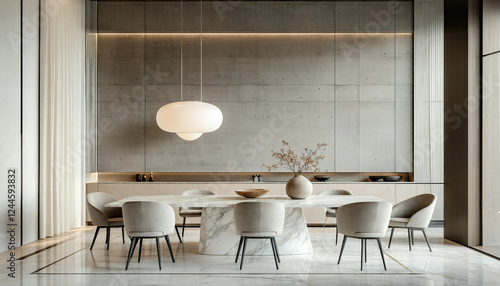 A minimalist dining room with a white marble table, sculptural chairs in muted tones, and a bold pen