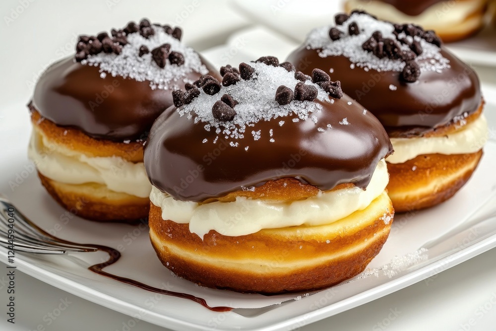 Delicious Chocolate Topped Donuts with Cream Filling and Sprinkles on White Plate Delicious Chocolate Topped Donuts with Cream Filling and Sprinkles on White Plate