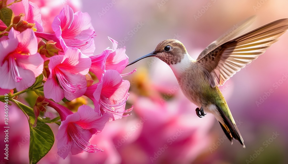 Obraz premium Realistic Capture Vibrant Hummingbird in Flight, Savoring Nectar from Delicate Pink Blossoms Against a Verdant Backdrop