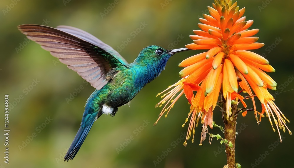 Fototapeta premium Vibrant Hummingbird Longtailed Sylph, Aglaiocercus kingi, Fluttering Amongst Sunlit Wildflowers in a Tropical Forest