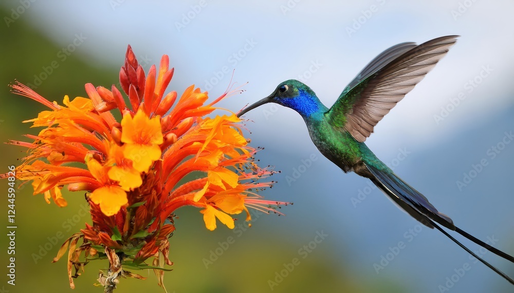 Vivid Hummingbird Longtailed Sylph, Aglaiocercus kingi, Flourishing in a SunKissed Tropical Rainforest, Captured MidFeed Near an Ornate Orange Blossom Vivid Hummingbird Longtailed Sylph, Aglaiocercus kingi, Flourishing in a SunKissed Tropical Rainforest, Captured MidFeed Near an Ornate Orange Blossom