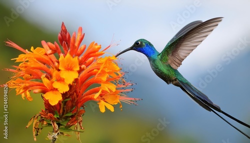 Vivid Hummingbird Longtailed Sylph, Aglaiocercus kingi, Flourishing in a SunKissed Tropical Rainforest, Captured MidFeed Near an Ornate Orange Blossom photo