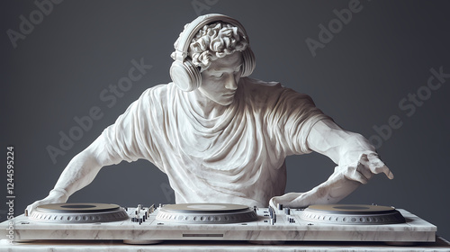 A marble statue posed like a dj, complete with turntables and headphones. Music-Inspired Art. Illustration photo