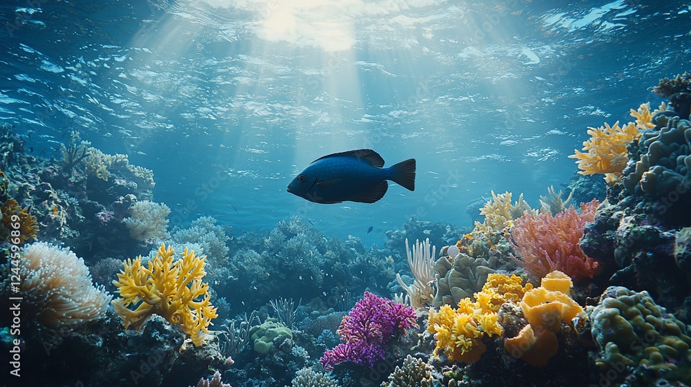 Fototapeta premium Underwater coral reef scene, fish swimming, sun rays, ocean background, marine life
