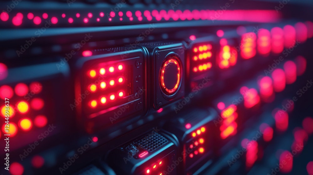 Close-up view of illuminated server components with red lights in a high-tech data center Close-up view of illuminated server components with red lights in a high-tech data center