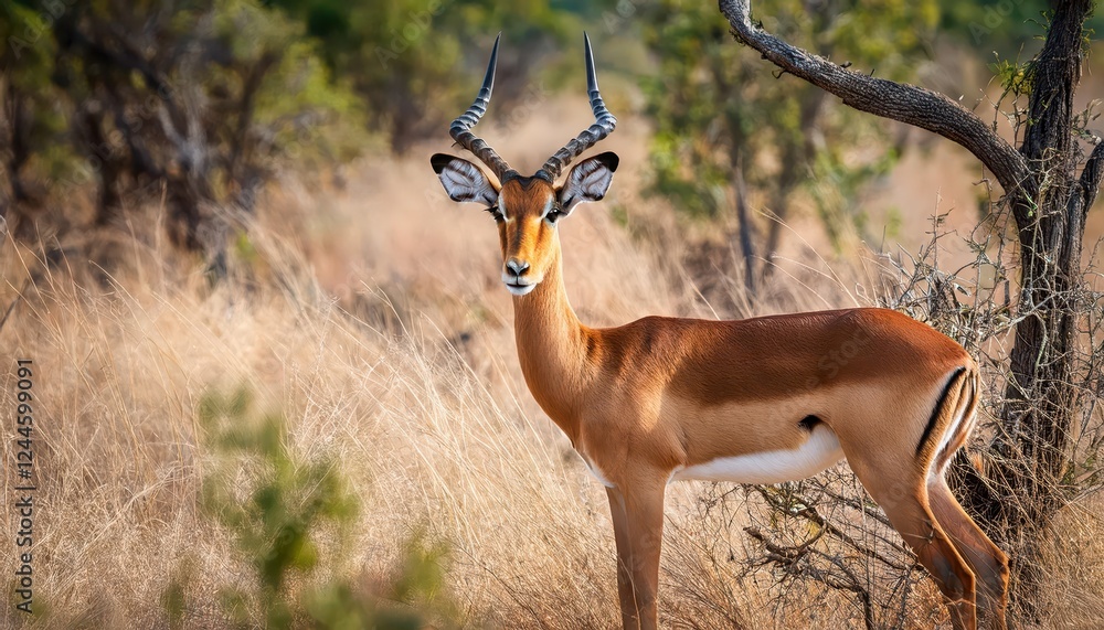 Naklejka premium Majestic Impala Portrait Against African Savannah Backdrop at Kruger National Park, South Africa, Showcasing Vibrant Colors and Textures of the Wild