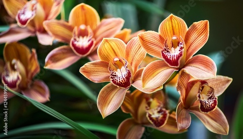 Cymbidium (boat orchid) orange-brown flowers in orchid garden, closeup photo