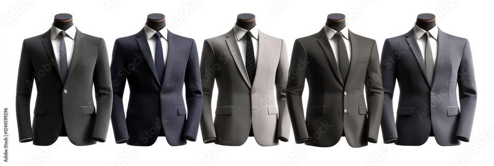 Classic Suit Style: An assortment of men's suits in various shades of grey, black, and navy blue, showcasing different styles and patterns, ready for a close-up. Classic Suit Style: An assortment of men's suits in various shades of grey, black, and navy blue, showcasing different styles and patterns, ready for a close-up.