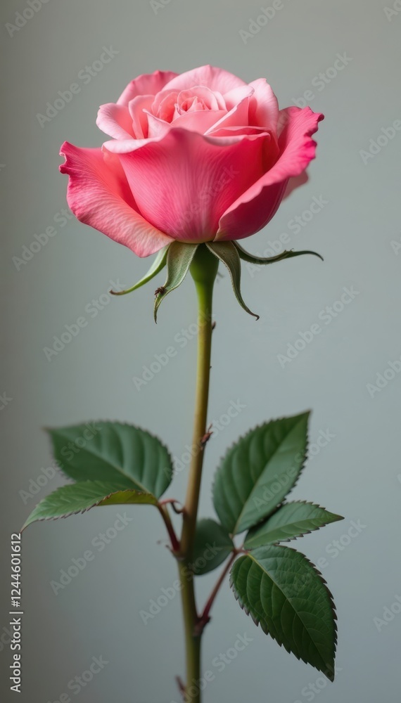 Obraz premium Single long-stemmed rose with delicate texture , stem, natural