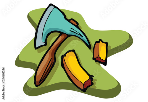 Sawmill timber mill lumberjack isometric composition with isolated image of wood stubs with axe vector
