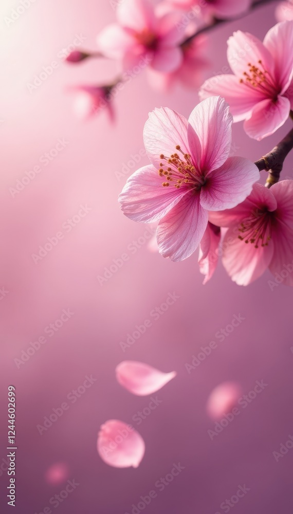 Soft pink sakura petals gently descend against a blurred background , spring, gentle Soft pink sakura petals gently descend against a blurred background , spring, gentle