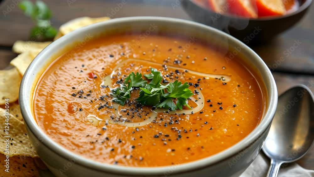 A bowl of soup topped with garnish and served with crispy chips, Ai Generated A bowl of soup topped with garnish and served with crispy chips, Ai Generated