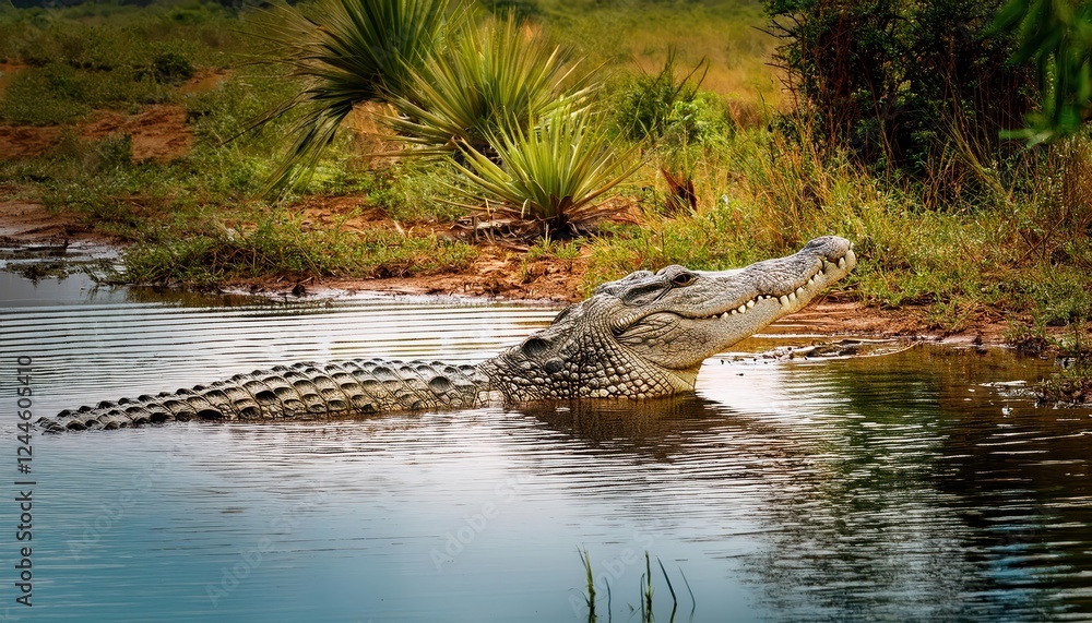 Majestic Nile Crocodile Basking by the Riverbank A Fascinating Close Encounter with Wildlife in Stunning Uganda, Africa at Dusk Majestic Nile Crocodile Basking by the Riverbank A Fascinating Close Encounter with Wildlife in Stunning Uganda, Africa at Dusk